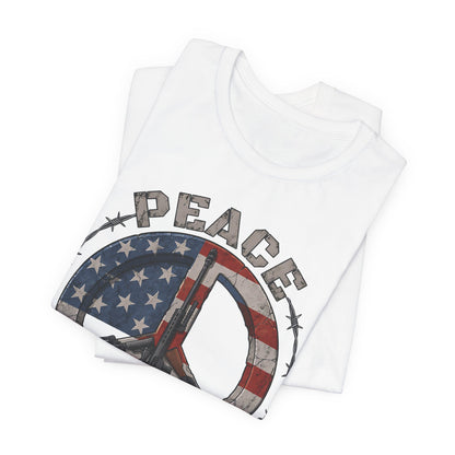 Peace Through Superior Firepower T-Shirt — American Flag Rifle Peace Sign Tee