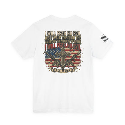 Psalm 23 Patriotic T-Shirt – “I Will Fear No Evil” Flag & Cross Design