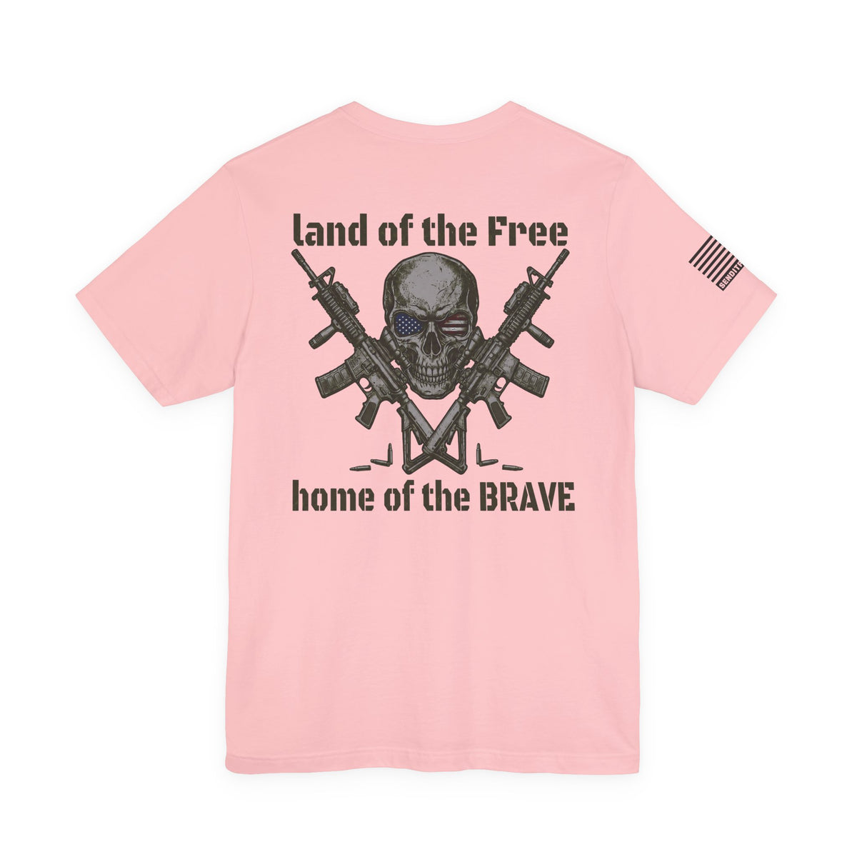 Land of the Free Home of the Brave T-Shirt —  Skull & Crossed Rifles Patriotic Tee Back Design