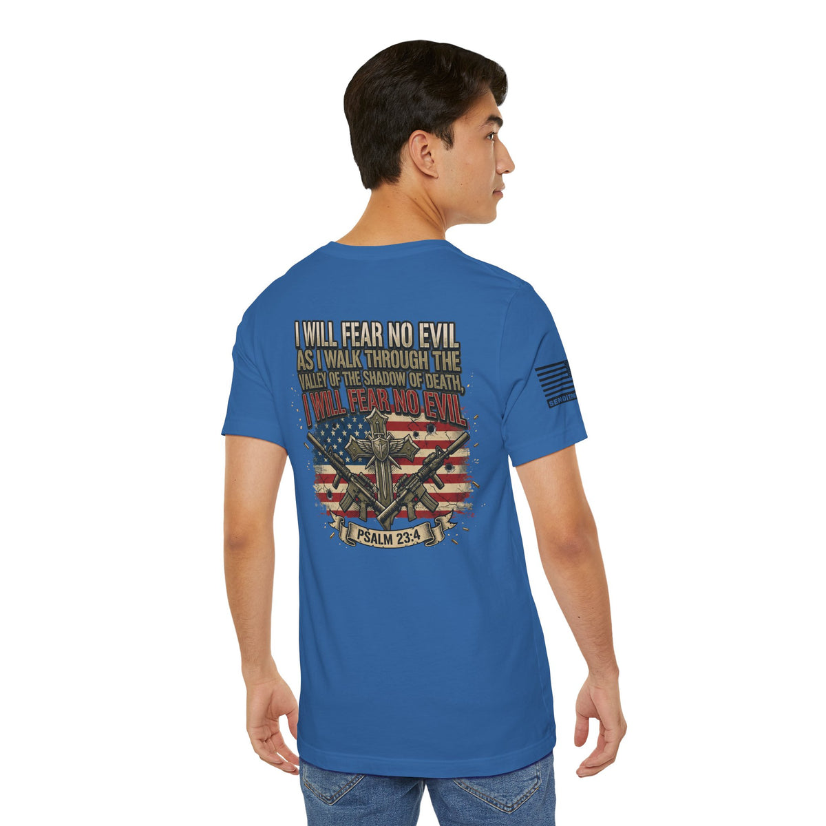 Psalm 23 Patriotic T-Shirt – “I Will Fear No Evil” Flag & Cross Design