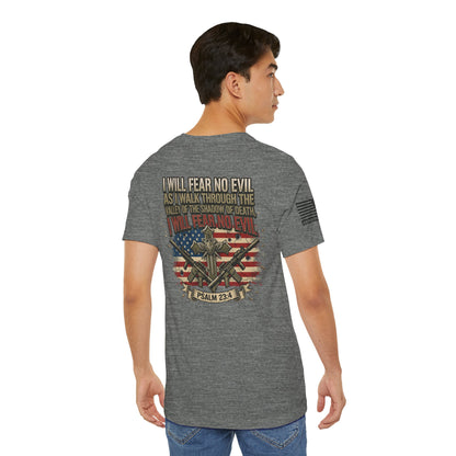 Psalm 23 Patriotic T-Shirt – “I Will Fear No Evil” Flag & Cross Design