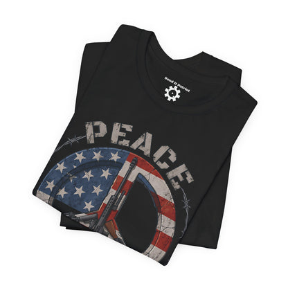 Peace Through Superior Firepower T-Shirt — American Flag Rifle Peace Sign Tee