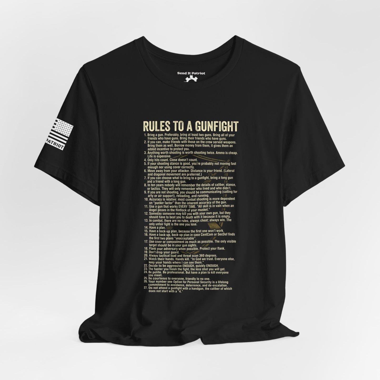 Gunfight Rules T-Shirt — "Rules to a Gunfight" Text List Tee