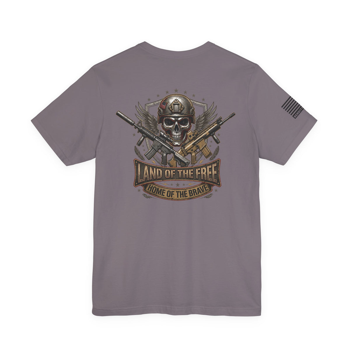 Land of the Free Home of the Brave Ver.2 T-Shirt —  Skull & Crossed Rifles Patriotic Tee Back Design