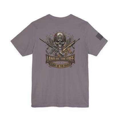 Land of the Free Home of the Brave Ver.2 T-Shirt —  Skull & Crossed Rifles Patriotic Tee Back Design
