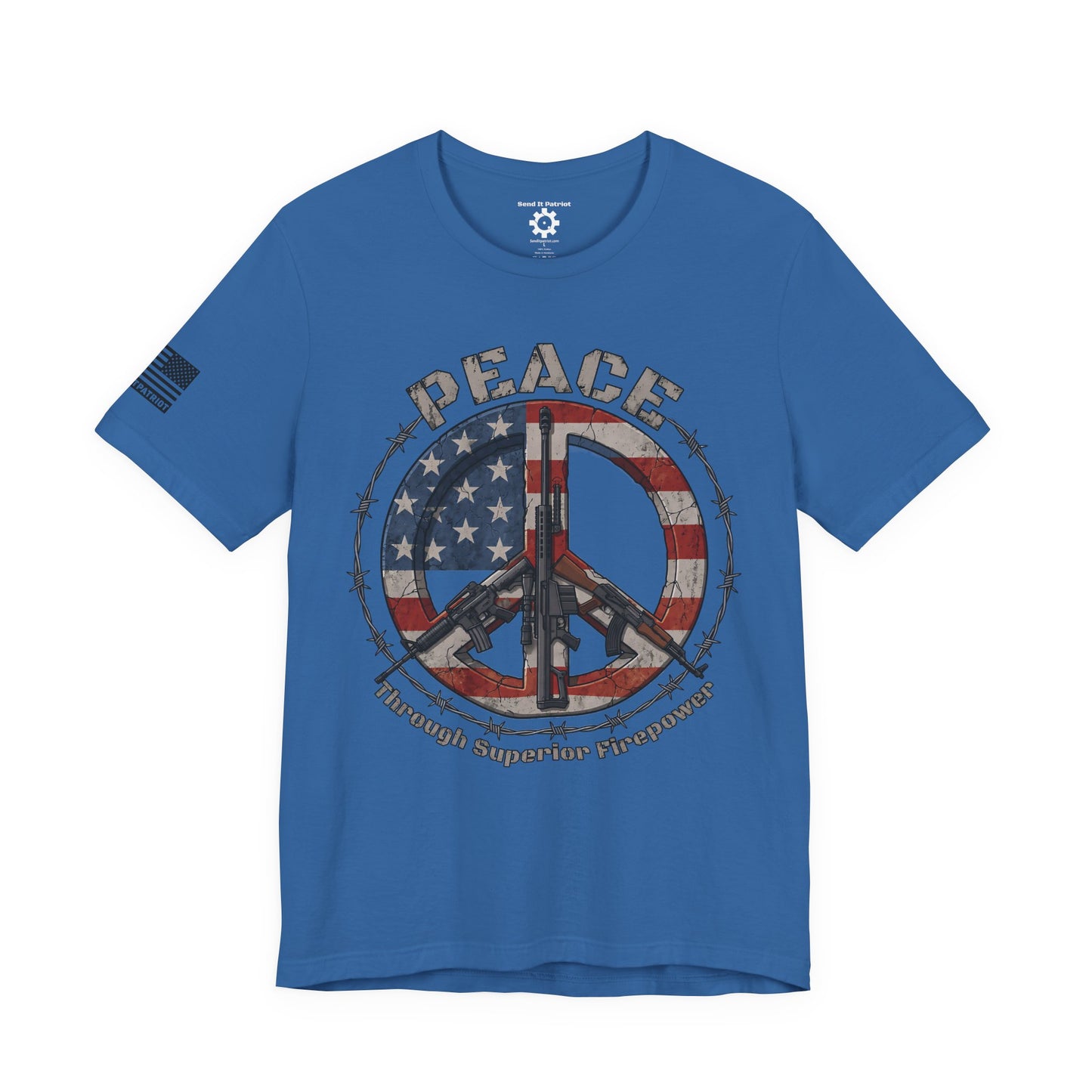 Peace Through Superior Firepower T-Shirt — American Flag Rifle Peace Sign Tee