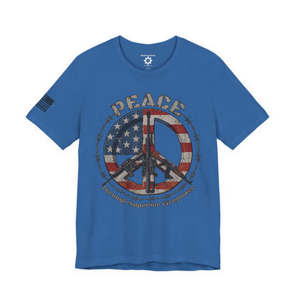 Peace Through Superior Firepower T-Shirt — American Flag Rifle Peace Sign Tee