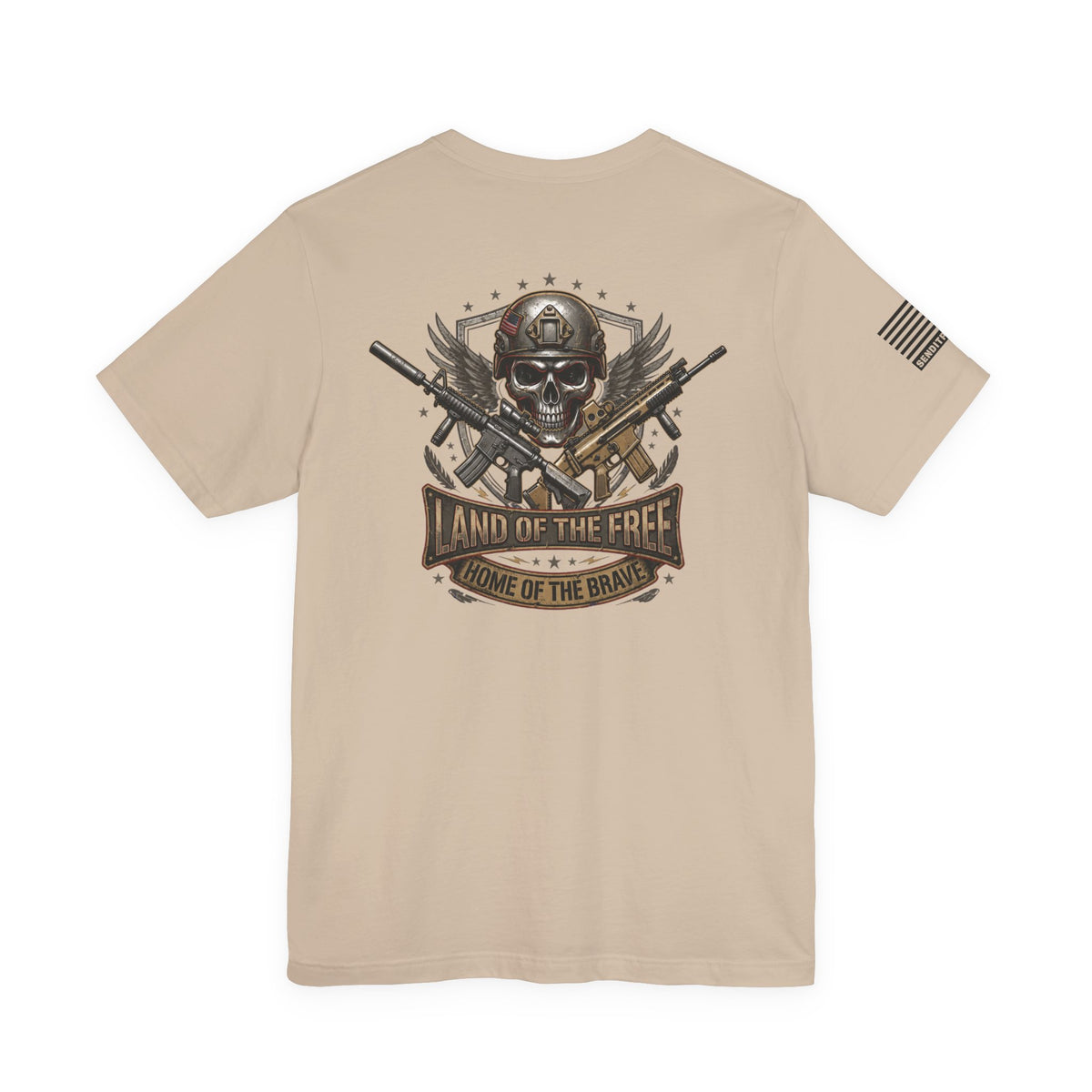 Land of the Free Home of the Brave Ver.2 T-Shirt —  Skull & Crossed Rifles Patriotic Tee Back Design