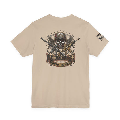 Land of the Free Home of the Brave Ver.2 T-Shirt —  Skull & Crossed Rifles Patriotic Tee Back Design