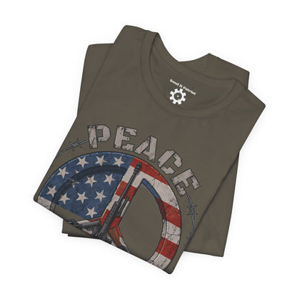 Peace Through Superior Firepower T-Shirt — American Flag Rifle Peace Sign Tee