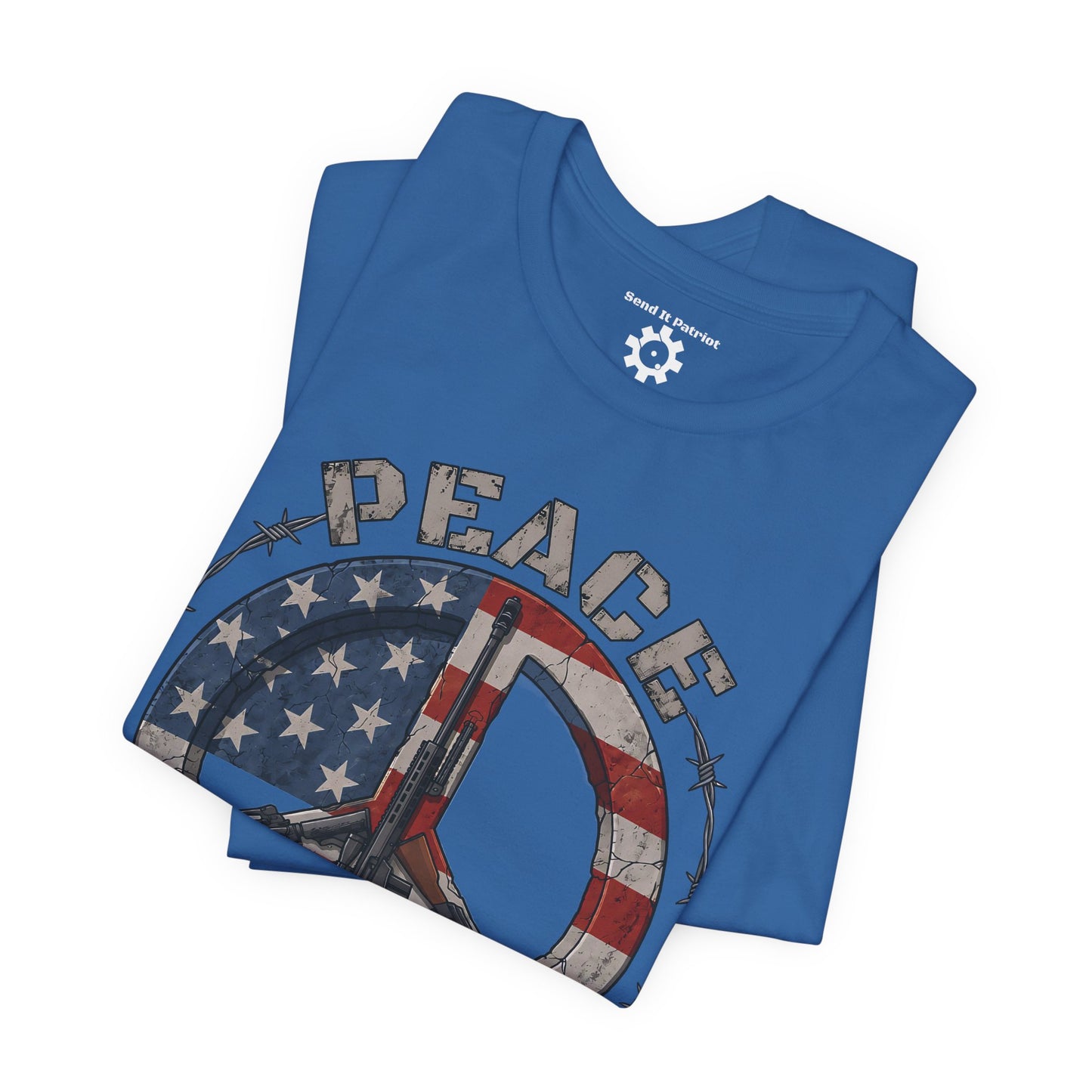 Peace Through Superior Firepower T-Shirt — American Flag Rifle Peace Sign Tee