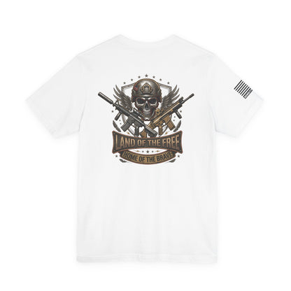 Land of the Free Home of the Brave Ver.2 T-Shirt —  Skull & Crossed Rifles Patriotic Tee Back Design