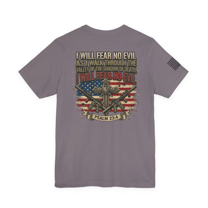 Psalm 23 Patriotic T-Shirt – “I Will Fear No Evil” Flag & Cross Design