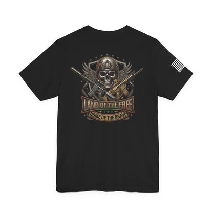 Land of the Free Home of the Brave Ver.2 T-Shirt —  Skull & Crossed Rifles Patriotic Tee Back Design