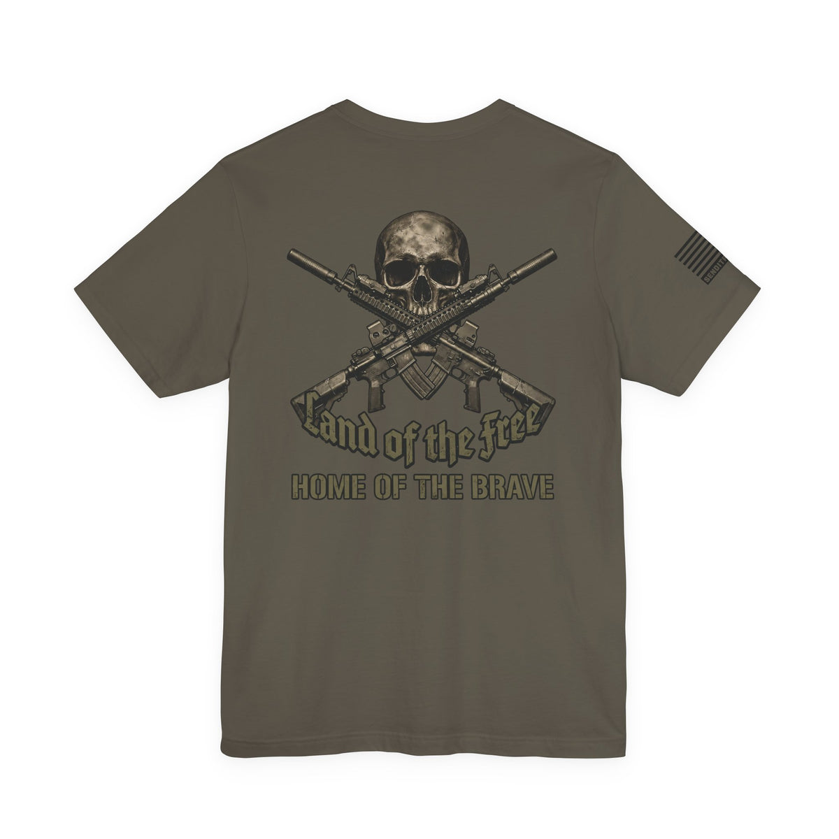 Land of the Free Home of the Brave T-Shirt —  Skull & Crossed Rifles Patriotic Tee Back Design