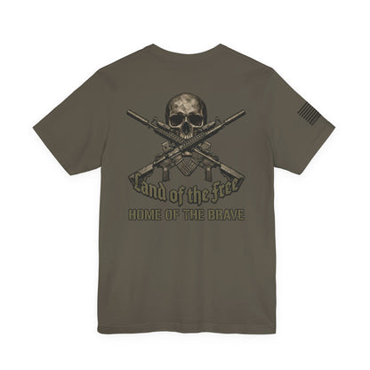 Land of the Free Home of the Brave T-Shirt —  Skull & Crossed Rifles Patriotic Tee Back Design