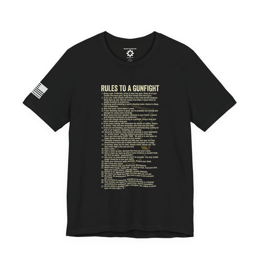 Gunfight Rules T-Shirt — "Rules to a Gunfight" Text List Tee
