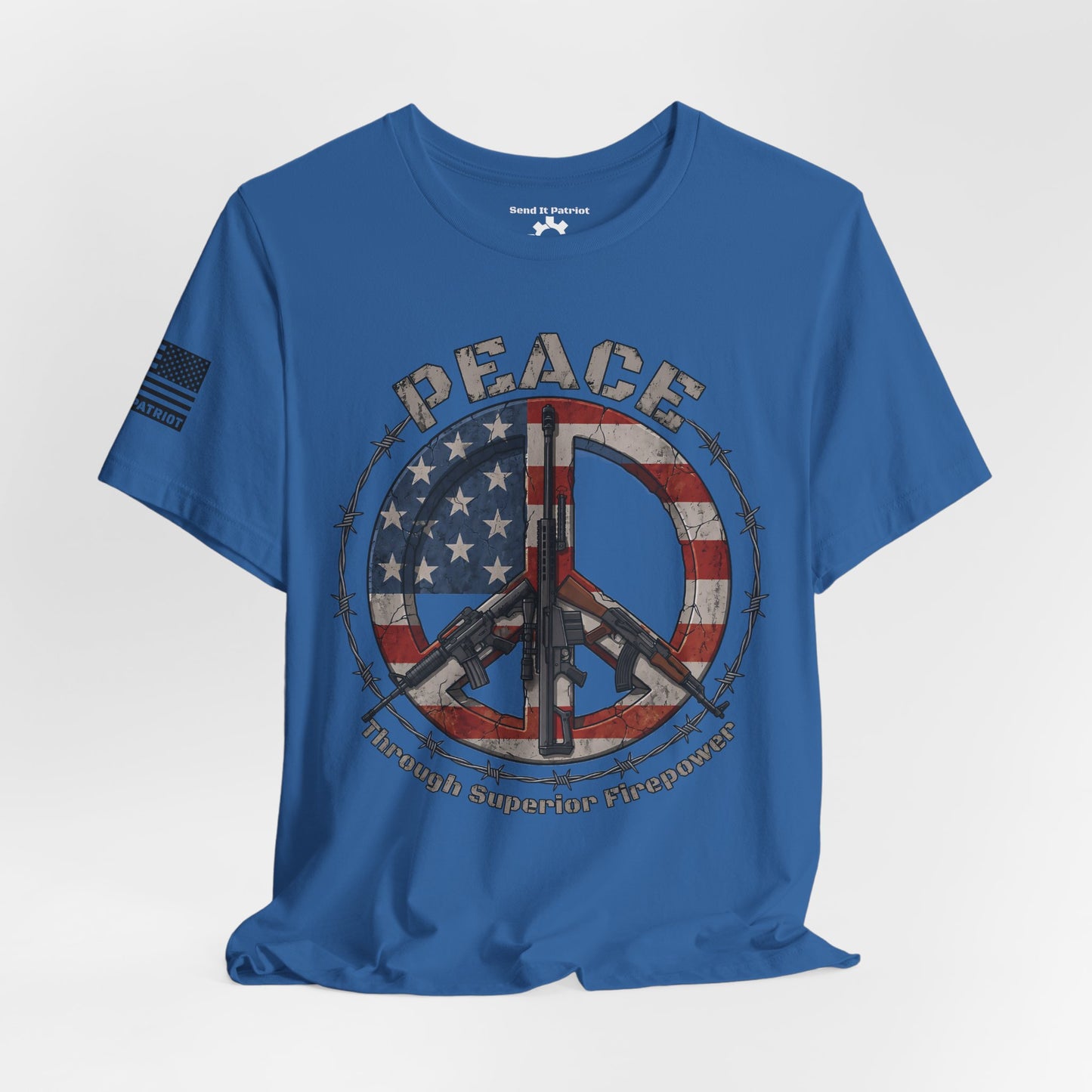 Peace Through Superior Firepower T-Shirt — American Flag Rifle Peace Sign Tee