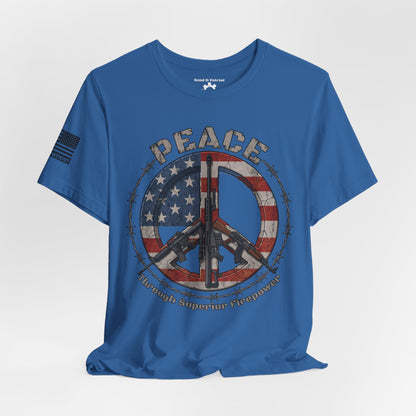 Peace Through Superior Firepower T-Shirt — American Flag Rifle Peace Sign Tee