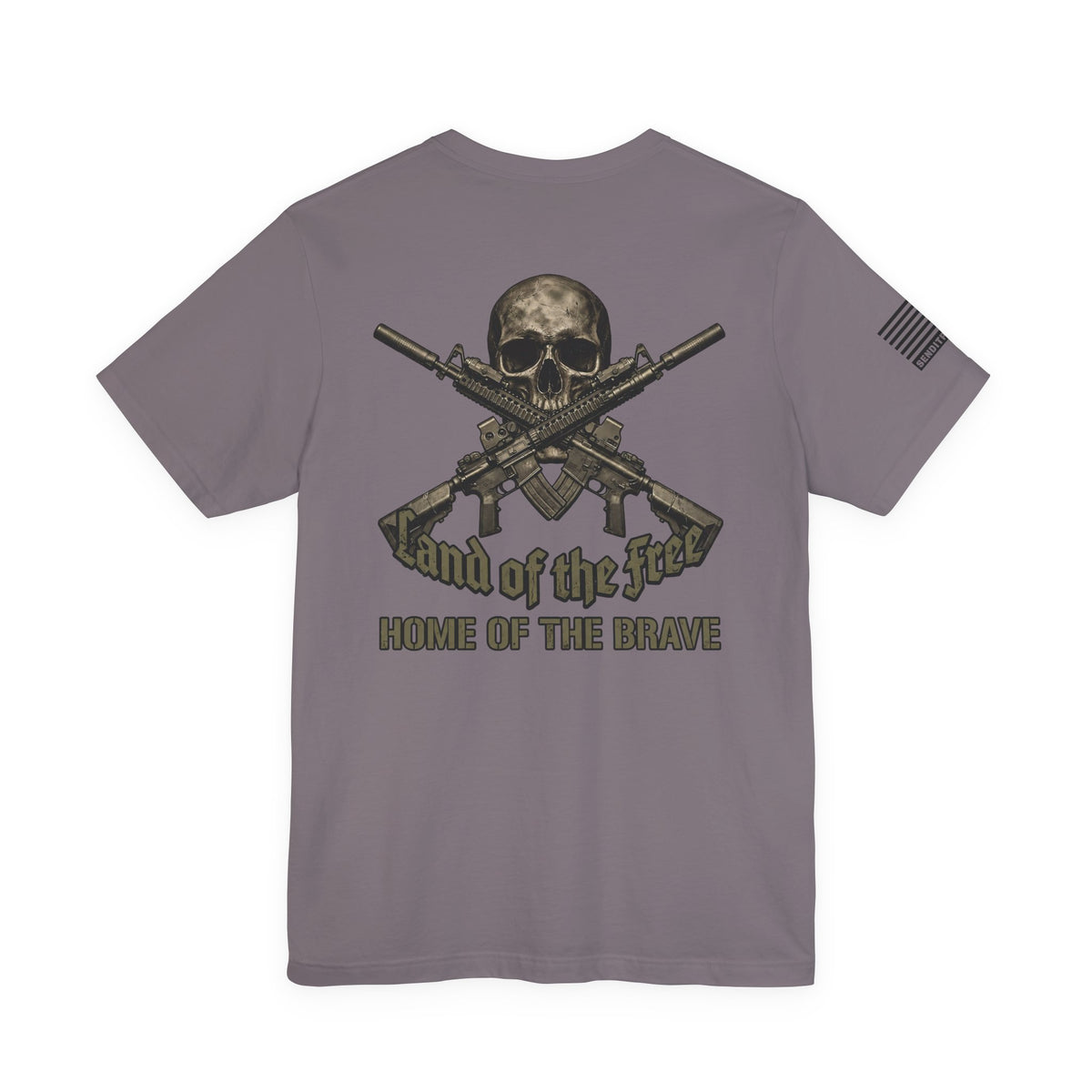 Land of the Free Home of the Brave T-Shirt —  Skull & Crossed Rifles Patriotic Tee Back Design