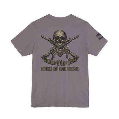 Land of the Free Home of the Brave T-Shirt —  Skull & Crossed Rifles Patriotic Tee Back Design