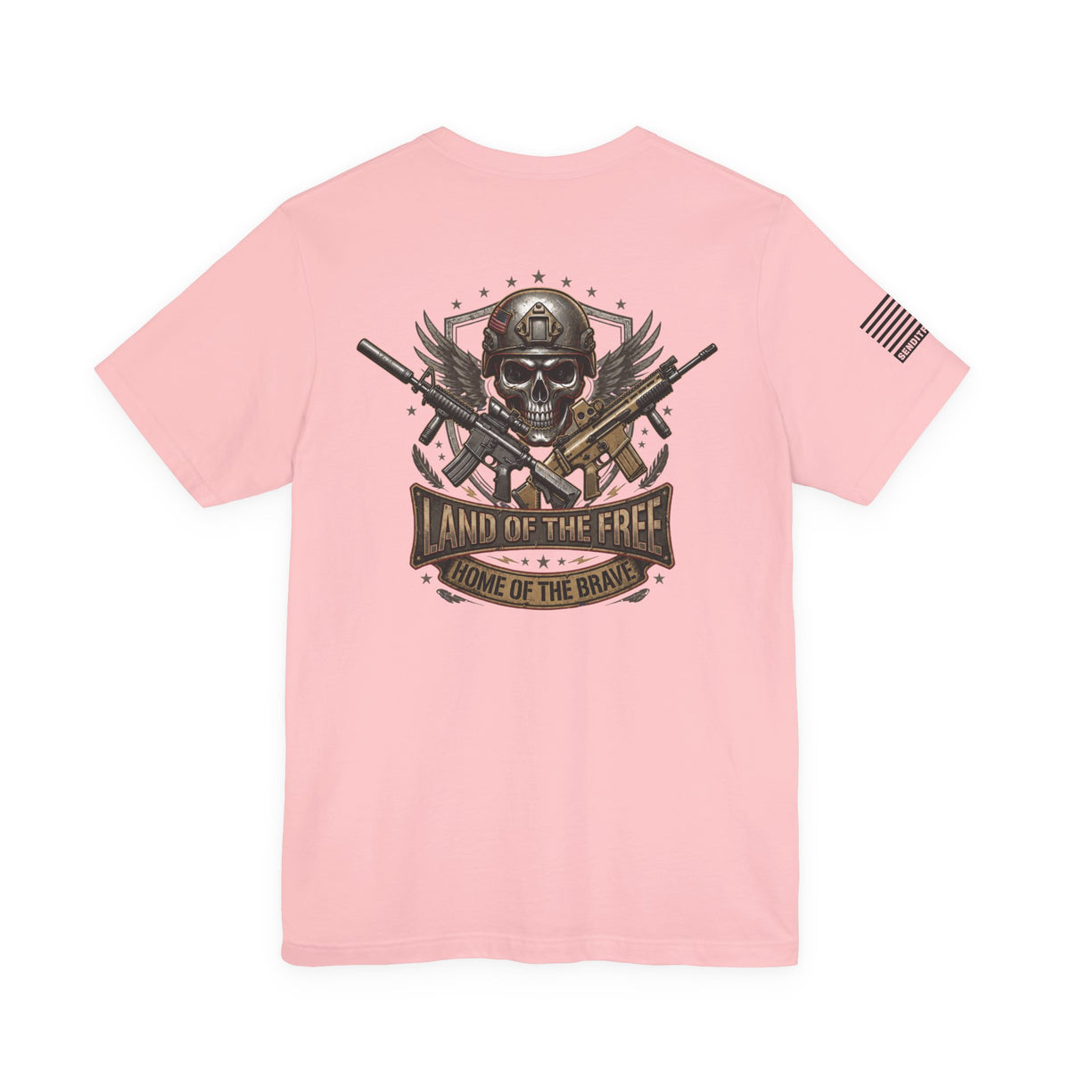 Land of the Free Home of the Brave Ver.2 T-Shirt —  Skull & Crossed Rifles Patriotic Tee Back Design