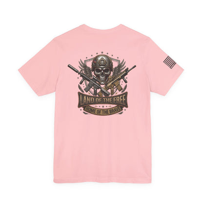 Land of the Free Home of the Brave Ver.2 T-Shirt —  Skull & Crossed Rifles Patriotic Tee Back Design
