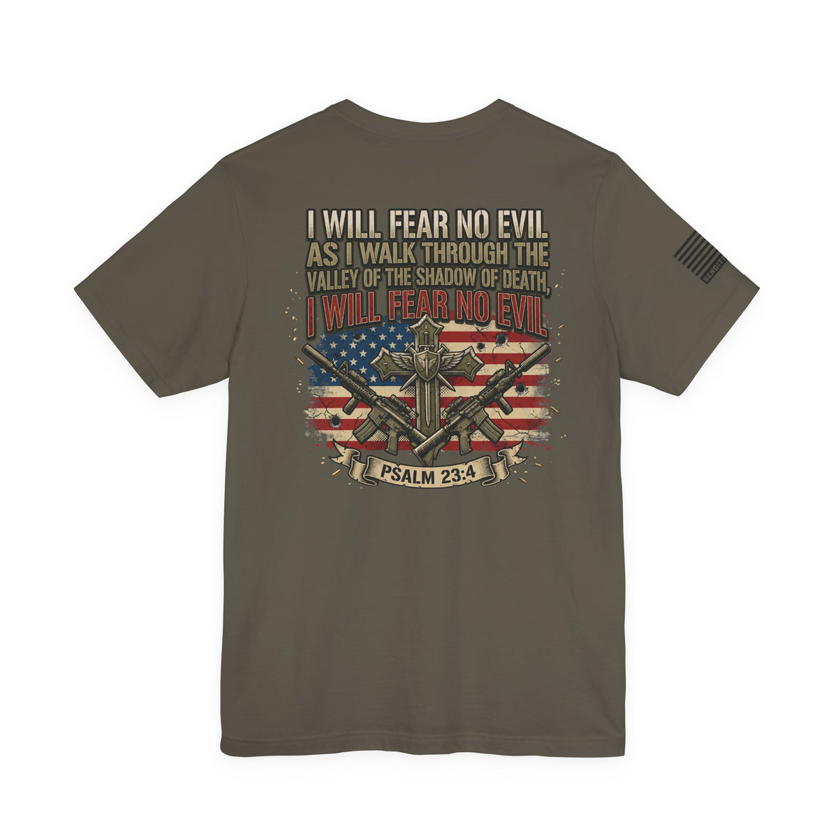 Psalm 23 Patriotic T-Shirt – “I Will Fear No Evil” Flag & Cross Design