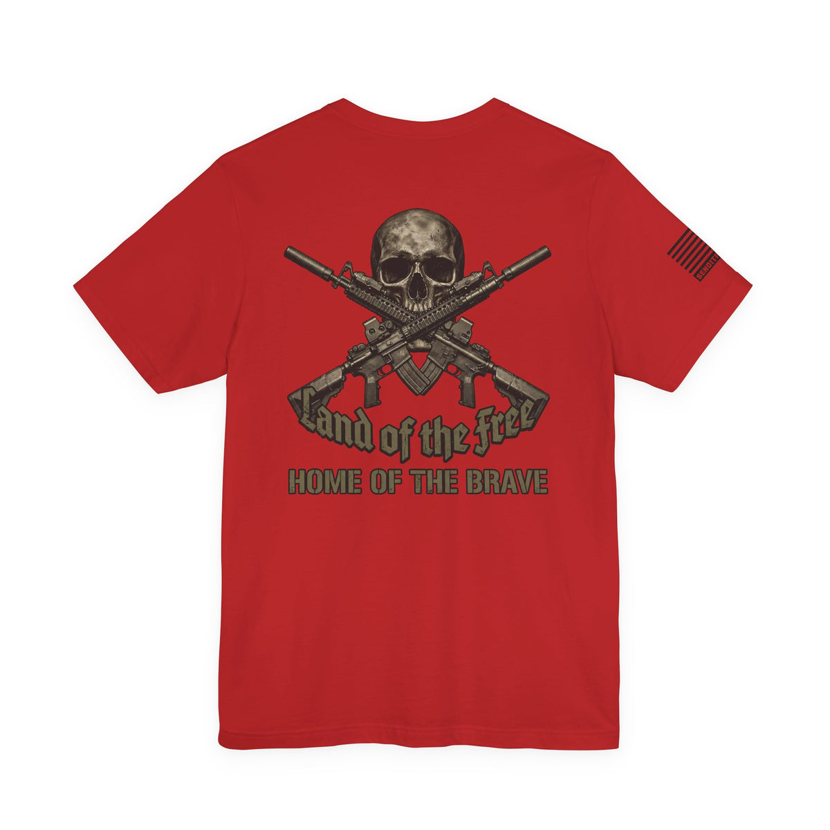Land of the Free Home of the Brave T-Shirt —  Skull & Crossed Rifles Patriotic Tee Back Design