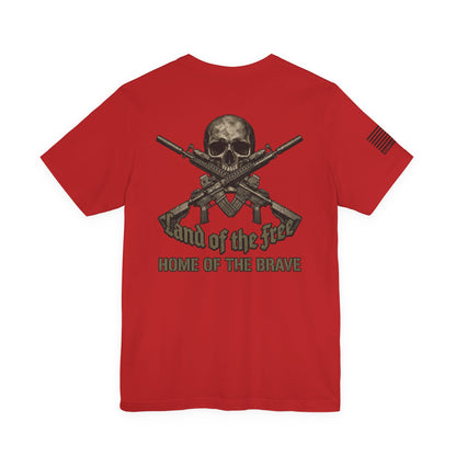 Land of the Free Home of the Brave T-Shirt —  Skull & Crossed Rifles Patriotic Tee Back Design