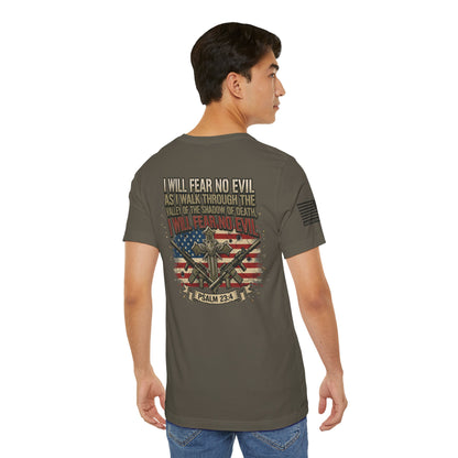 Psalm 23 Patriotic T-Shirt – “I Will Fear No Evil” Flag & Cross Design