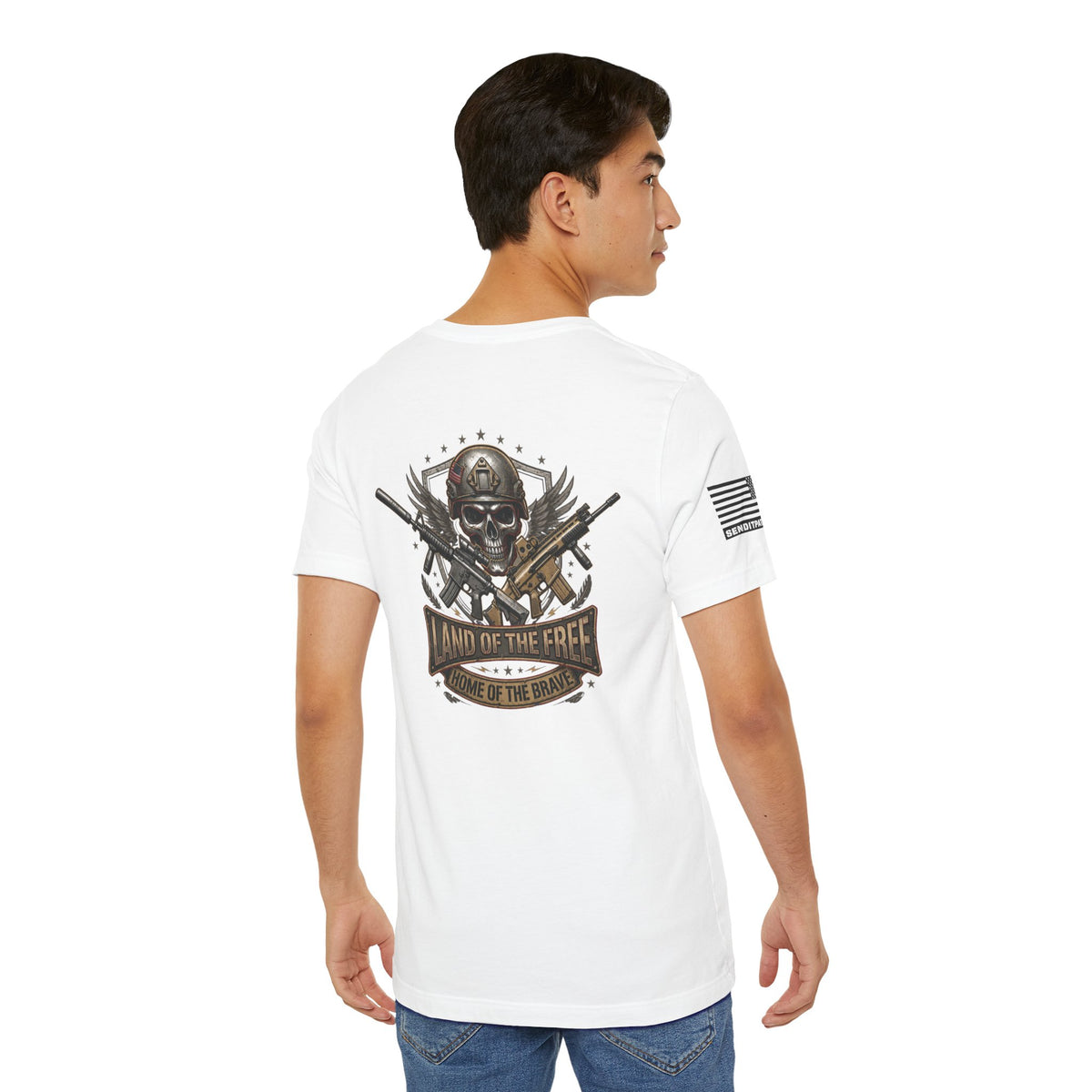 Land of the Free Home of the Brave Ver.2 T-Shirt —  Skull & Crossed Rifles Patriotic Tee Back Design