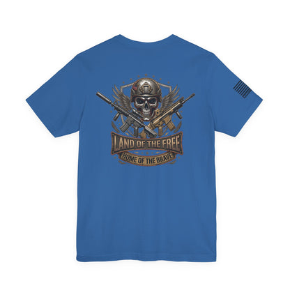 Land of the Free Home of the Brave Ver.2 T-Shirt —  Skull & Crossed Rifles Patriotic Tee Back Design