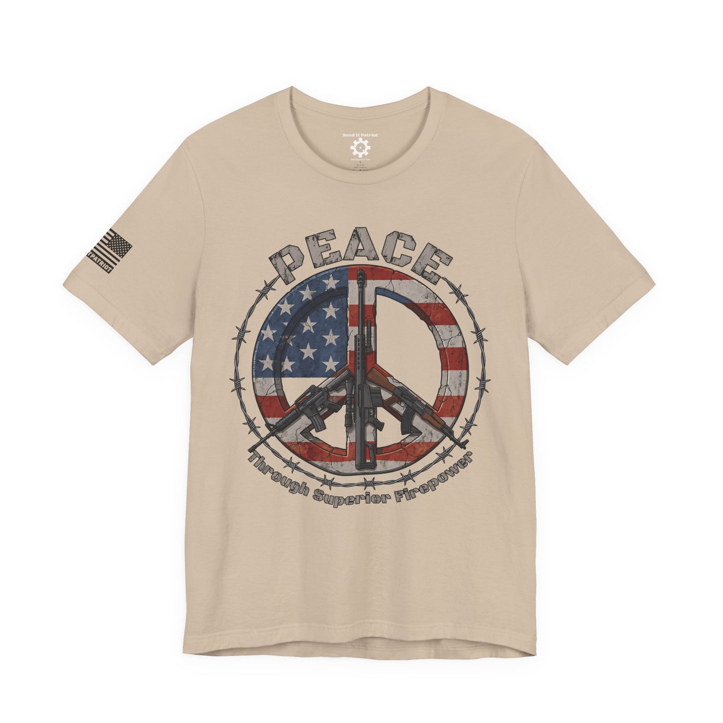 Peace Through Superior Firepower T-Shirt — American Flag Rifle Peace Sign Tee