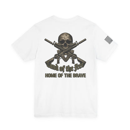 Land of the Free Home of the Brave T-Shirt —  Skull & Crossed Rifles Patriotic Tee Back Design