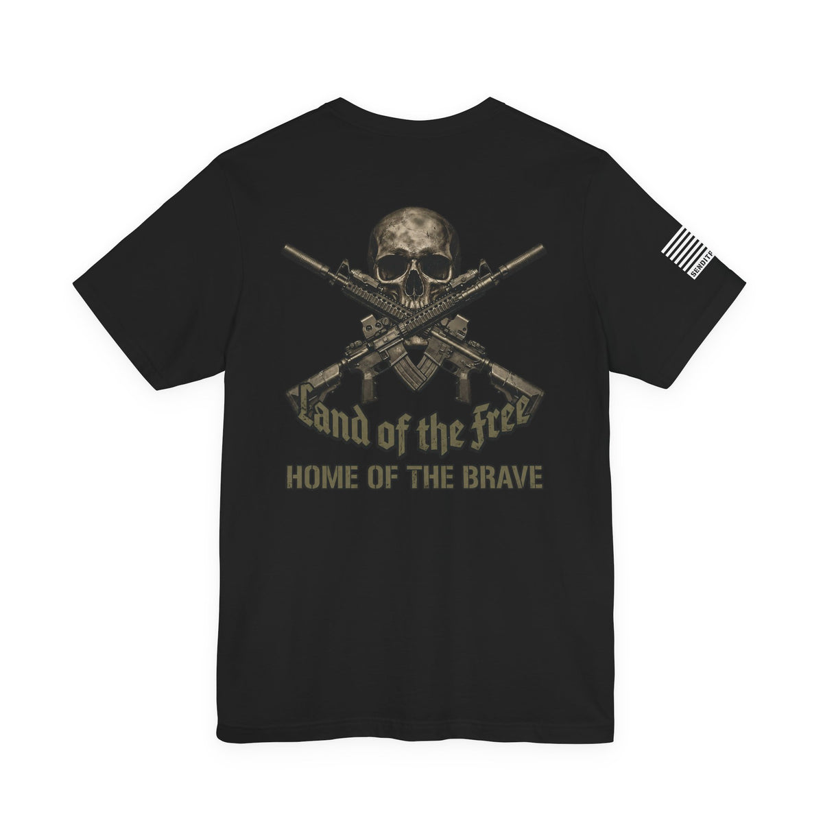 Land of the Free Home of the Brave T-Shirt —  Skull & Crossed Rifles Patriotic Tee Back Design