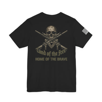 Land of the Free Home of the Brave T-Shirt —  Skull & Crossed Rifles Patriotic Tee Back Design