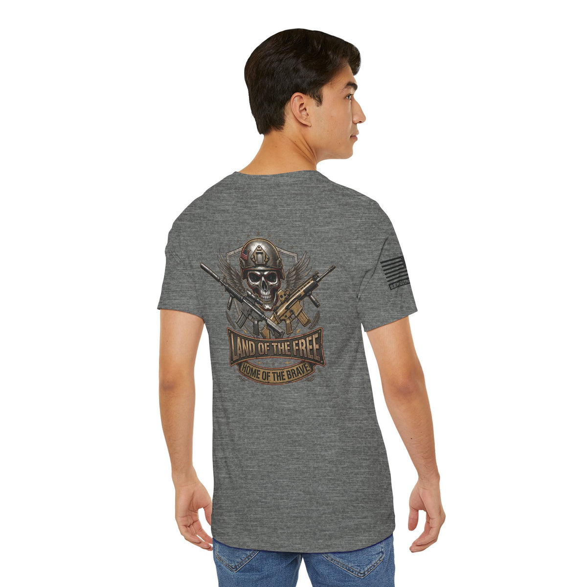 Land of the Free Home of the Brave Ver.2 T-Shirt —  Skull & Crossed Rifles Patriotic Tee Back Design