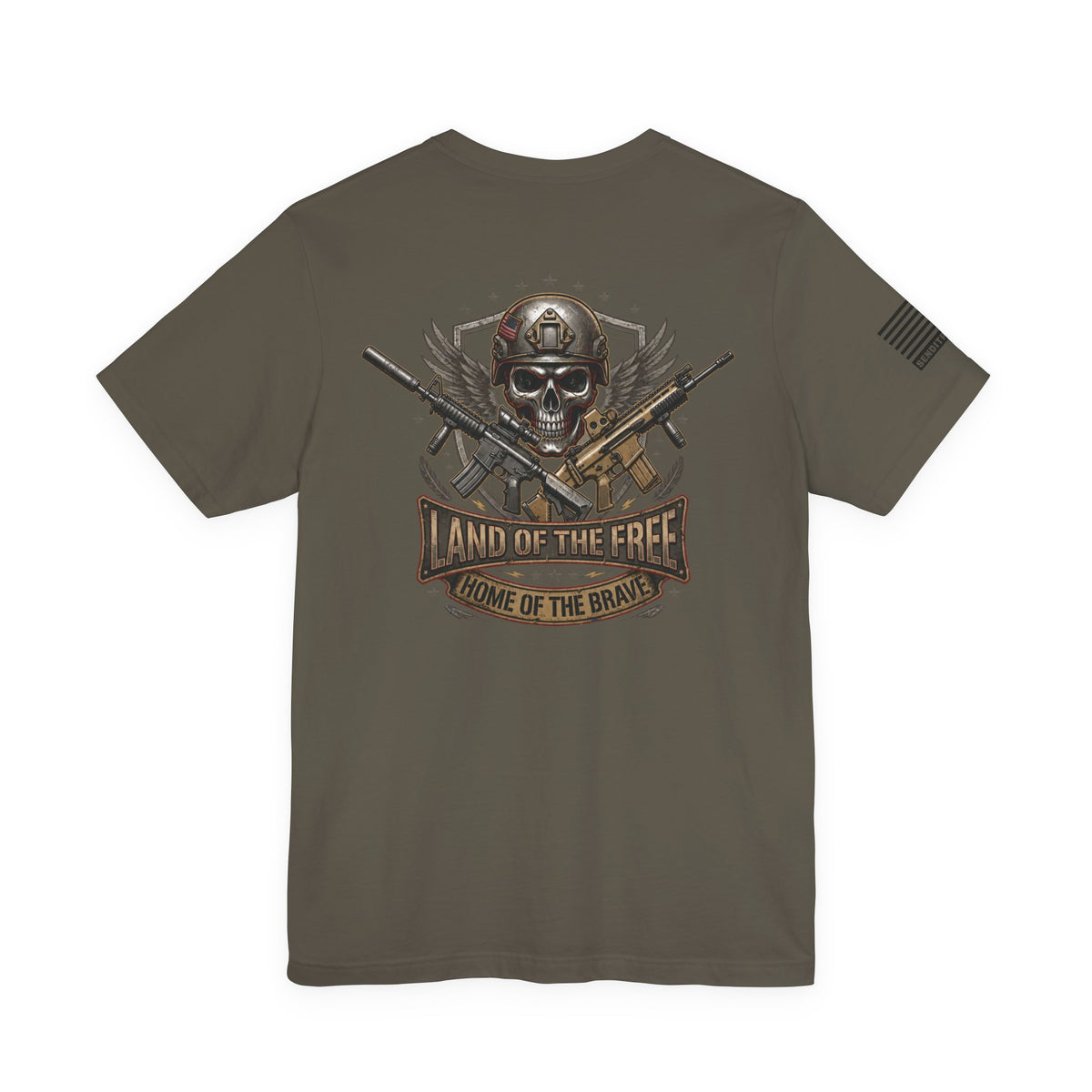 Land of the Free Home of the Brave Ver.2 T-Shirt —  Skull & Crossed Rifles Patriotic Tee Back Design