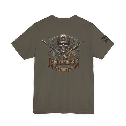Land of the Free Home of the Brave Ver.2 T-Shirt —  Skull & Crossed Rifles Patriotic Tee Back Design