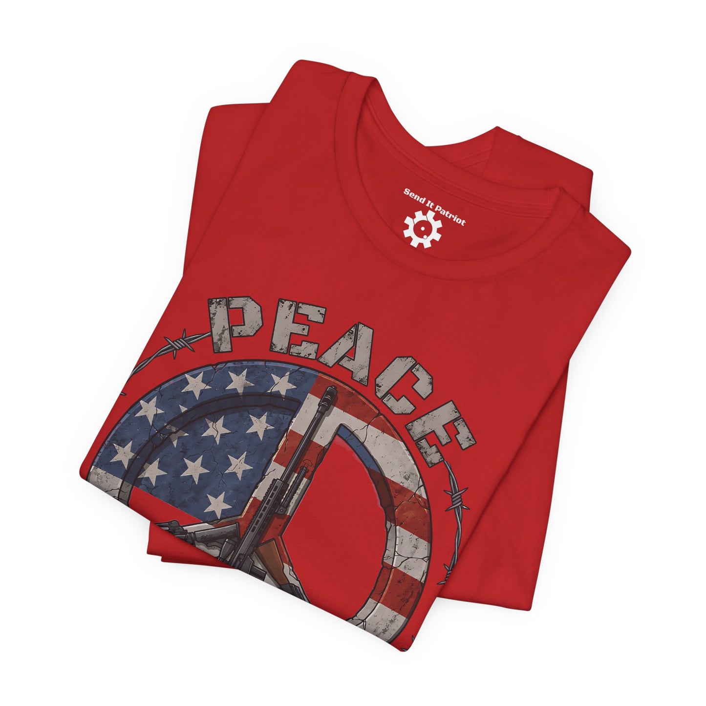 Peace Through Superior Firepower T-Shirt — American Flag Rifle Peace Sign Tee