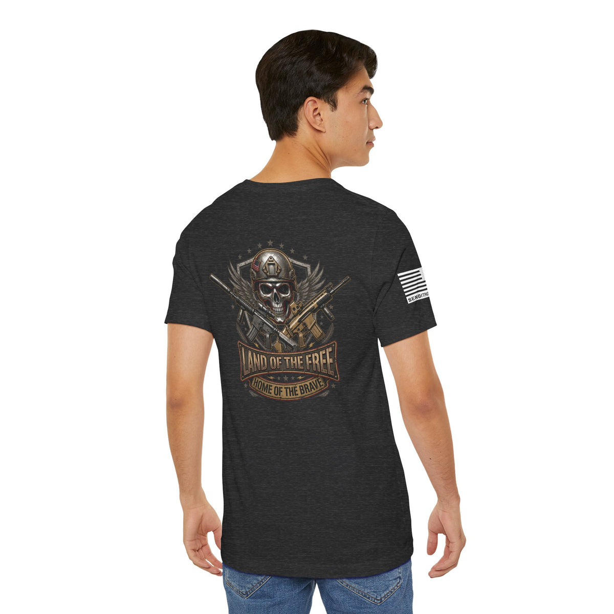 Land of the Free Home of the Brave Ver.2 T-Shirt —  Skull & Crossed Rifles Patriotic Tee Back Design