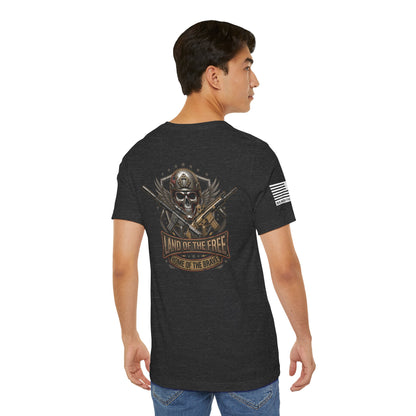 Land of the Free Home of the Brave Ver.2 T-Shirt —  Skull & Crossed Rifles Patriotic Tee Back Design