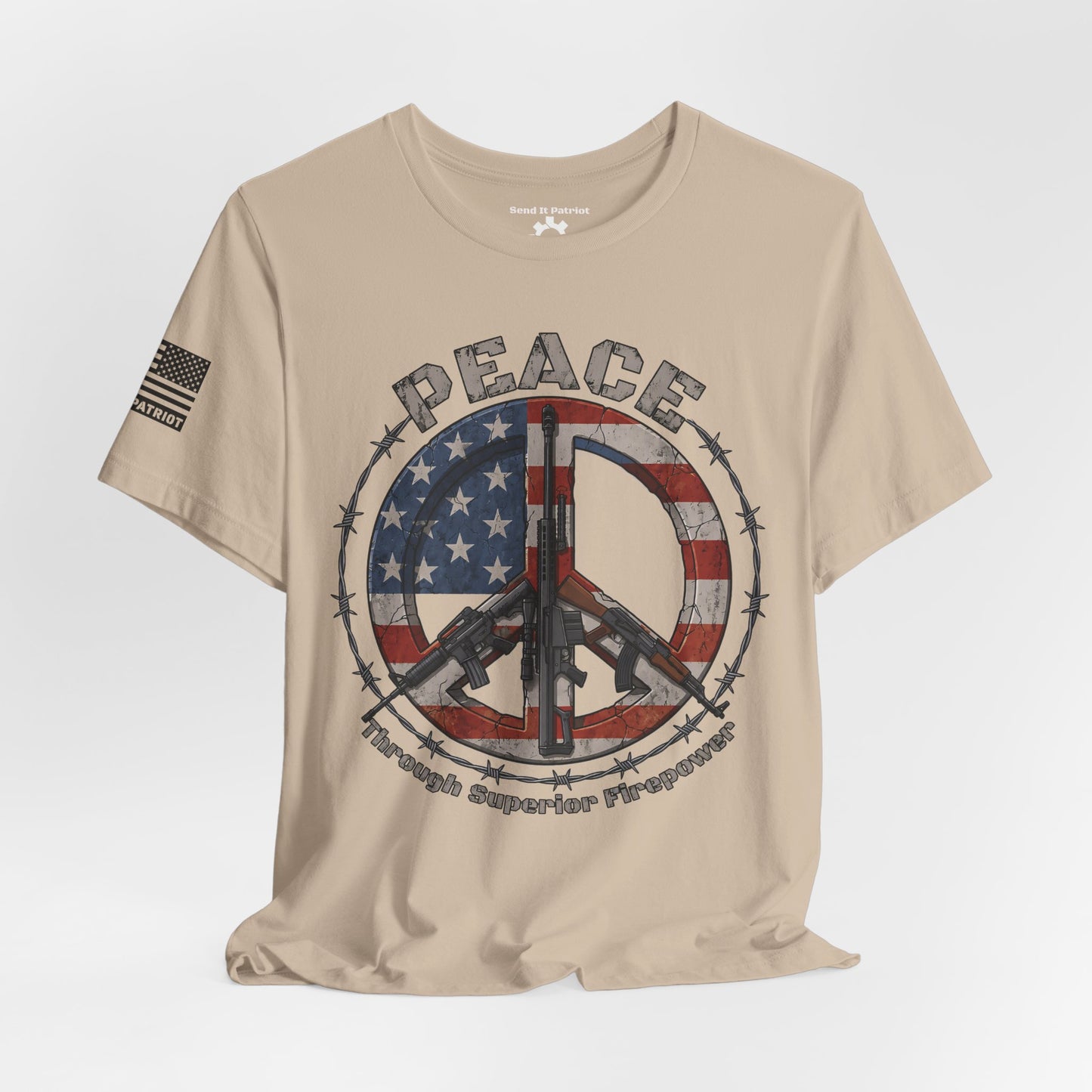 Peace Through Superior Firepower T-Shirt — American Flag Rifle Peace Sign Tee