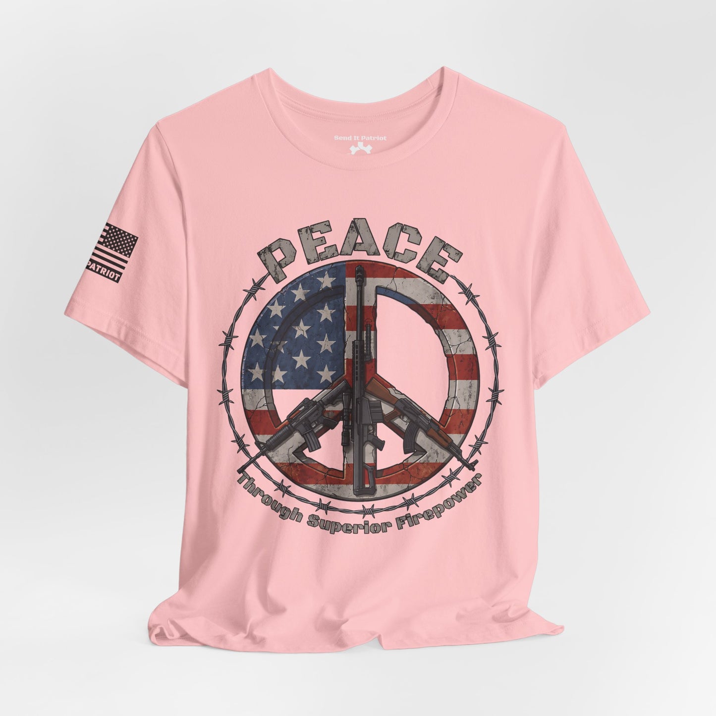 Peace Through Superior Firepower T-Shirt — American Flag Rifle Peace Sign Tee