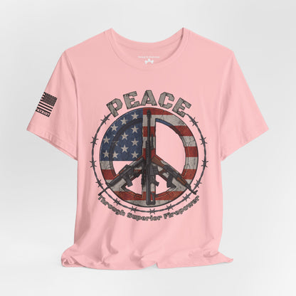 Peace Through Superior Firepower T-Shirt — American Flag Rifle Peace Sign Tee